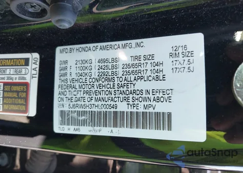 2017 Honda Cr-V Lx from USA, damaged, VIN 5J6RW5H37HL000549